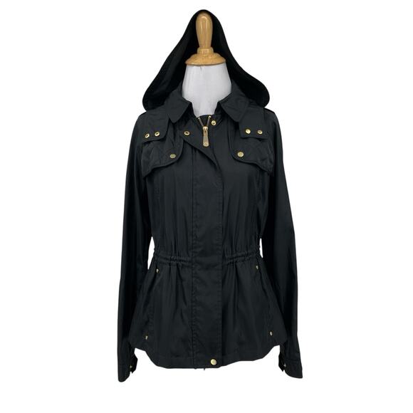 Vince Camuto Jacket Womens PP/PS Black Gold Quilt Trim Anorak Detach Hood - Picture 1 of 16